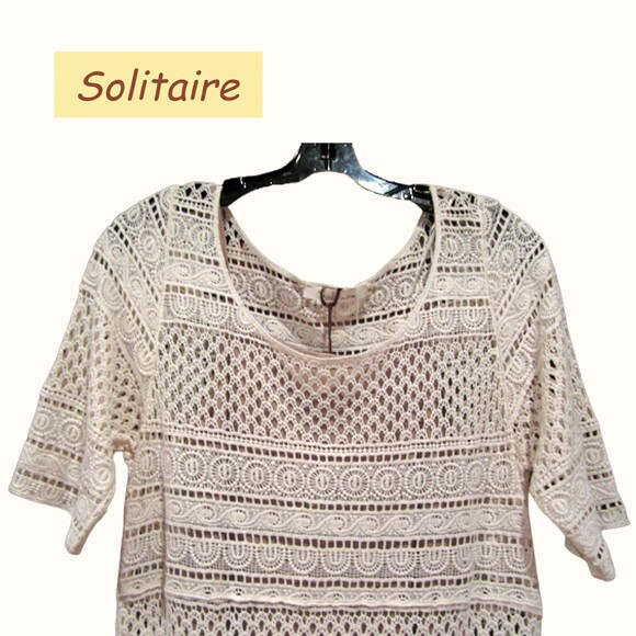 Solitaire NEW Boho Medallion-Stripe Allover Crochet Half Sleeve Shift Dress S - Picture 2 of 12